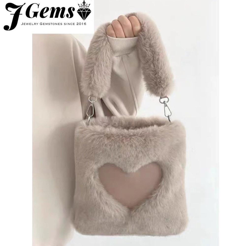 Furry Faux Rabbit Heart Cut-Out Shoulder Bag (Khaki | Pink | White)
